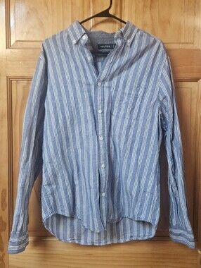 Nautica Blue and White Vertical Stripe Button-Down Shirt